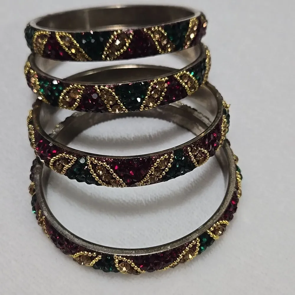 Set Of 4 Gold, Green & Red Bangles